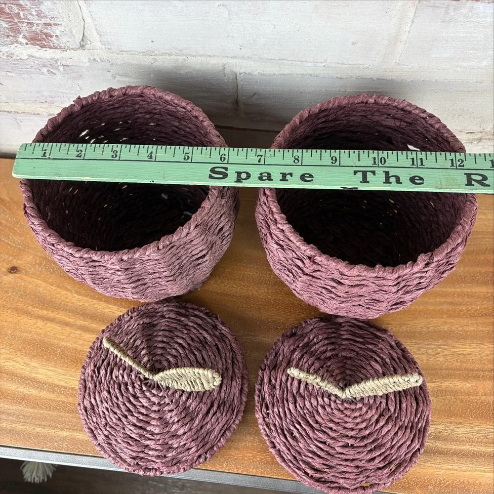 Vintage Burgundy Woven Apple Lidded Baskets Set of 2 Fall Home Decor Autumn Boho